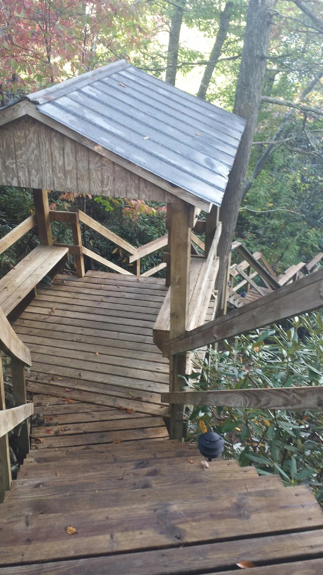 Metal roofed shelter over wooden steps on a wooded walkway — Skylight Repair & Installation work by our crew in Trent